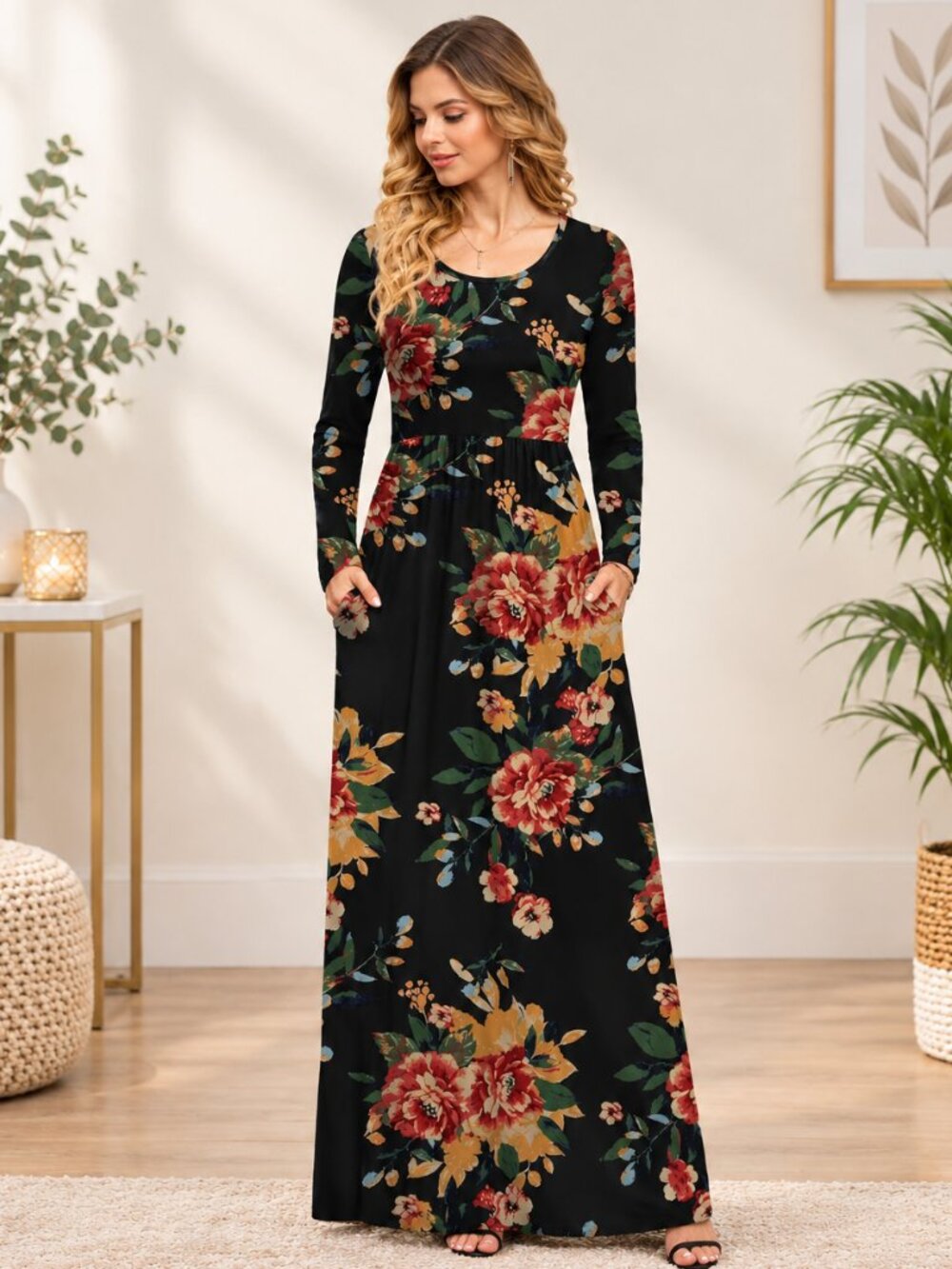 DB MOON Women’s Casual Long Sleeve Maxi Dress with Pockets